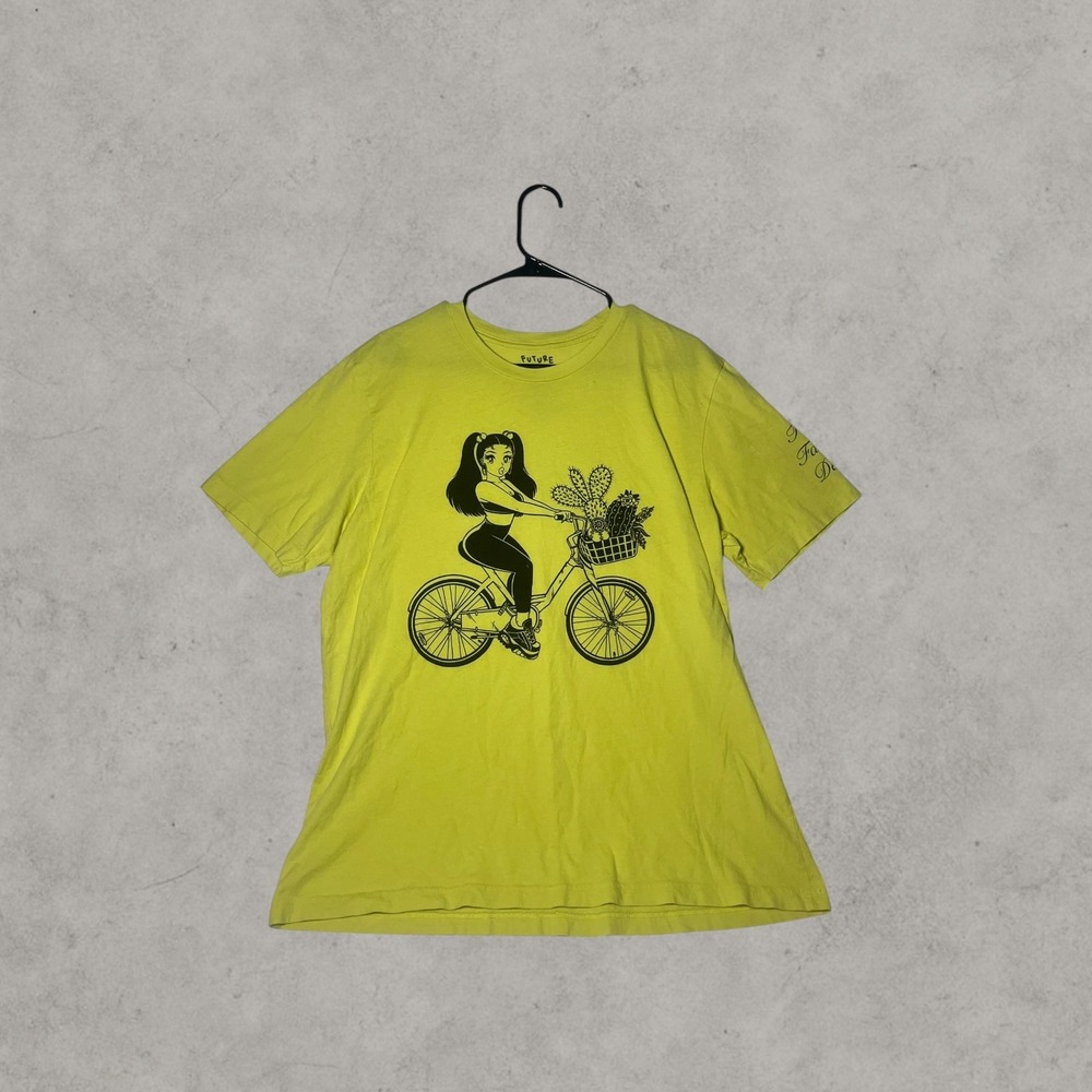 Future Diary Anime Graphic T-Shirt Lime Yellow Neon Green Girl on Bike Tee L